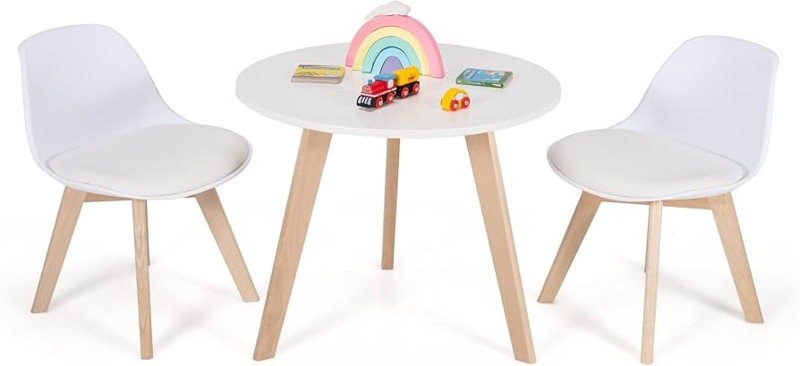 White Round Kids Table Set with Gray Padded Seats Activity Set