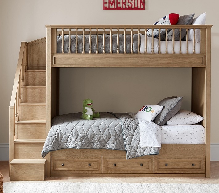 White Stair Bunk Bed with Built-In Storage Drawers Coastal Style