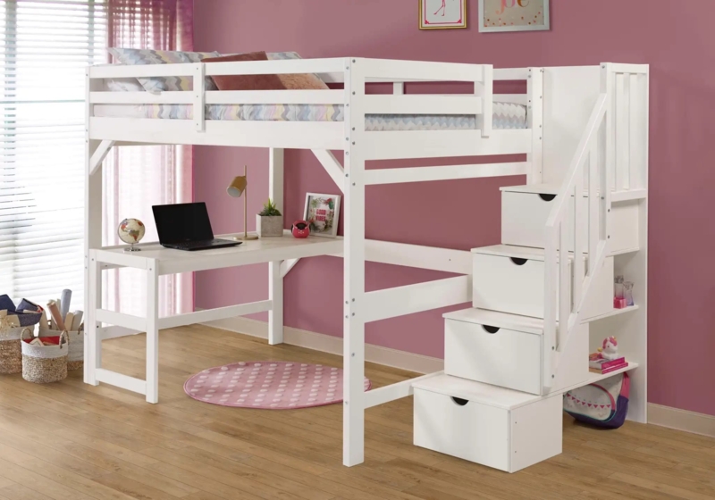 White Staircase Loft Bed with Storage Drawers & Full Length Desk.
