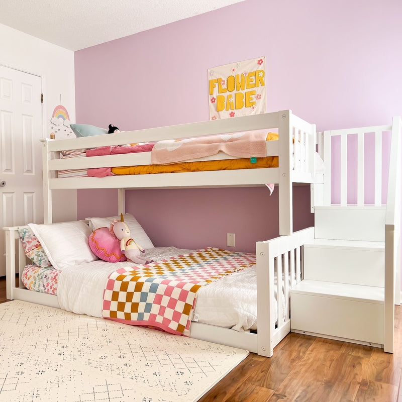 White Transitional Bunk Bed with Storage Staircase and Drawers