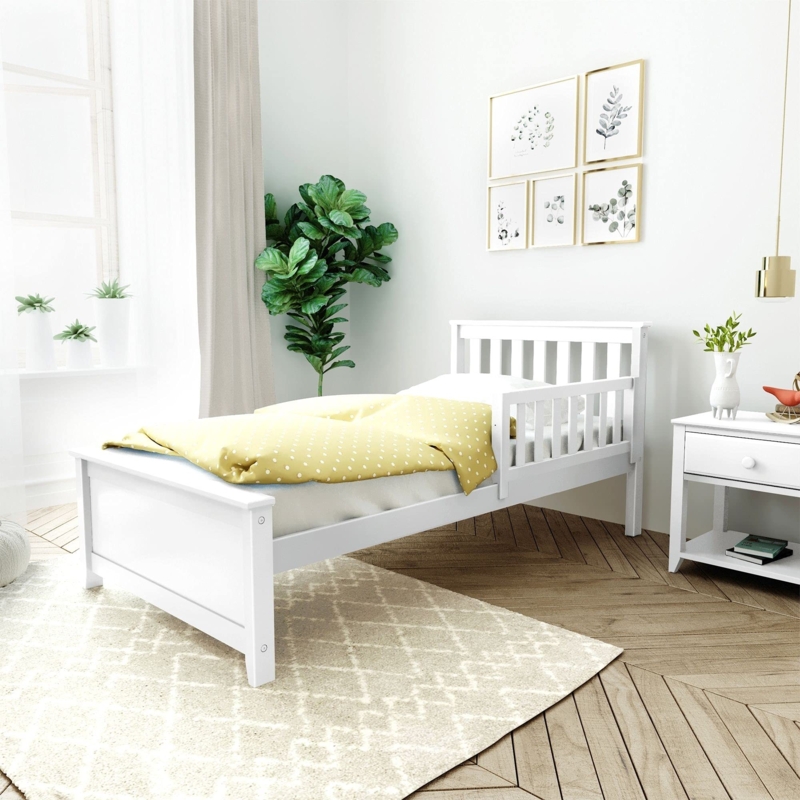 White Twin Bed Frame with Guard Rail, Minimalist Kids Bedroom Furniture