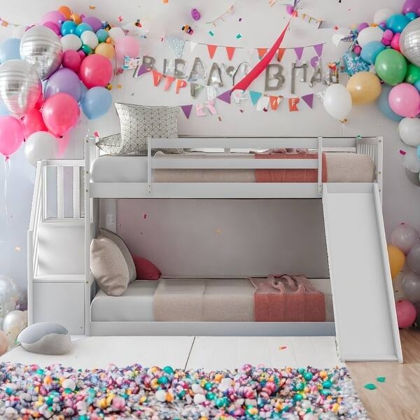 White Twin Bunk Bed with Integrated Slide and Storage Stairs