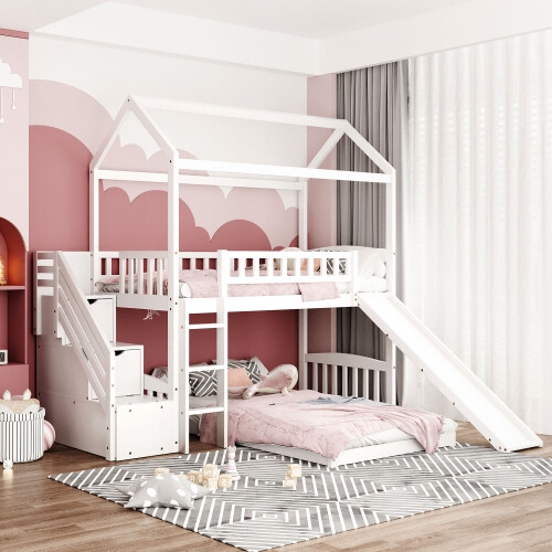 White Twin Bunk Bed with Slide & Two Storage Drawers