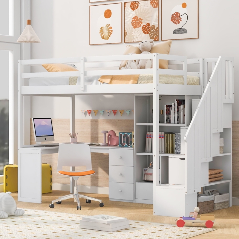 White Twin Loft Bed featuring Integrated Desk and Storage Cabinet