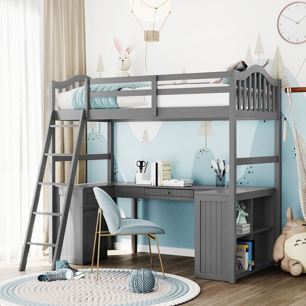 White Twin Loft Bed with Desk, Shelving, and Storage Cabinet