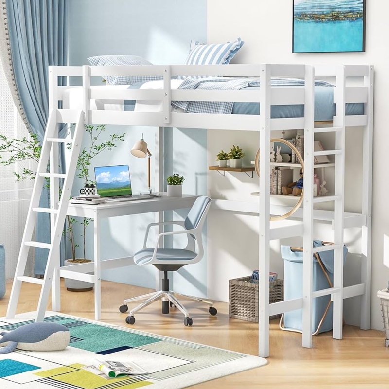 White Twin Loft Bed with Integrated Desk and Dual Ladders