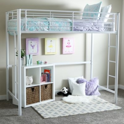 White Twin Metal Loft Bed Frame Integrated Ladder