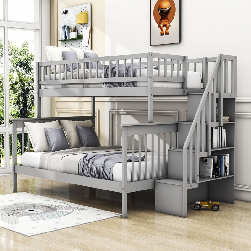 White Twin Over Full Bunk Bed with Integrated Staircase Storage Drawers