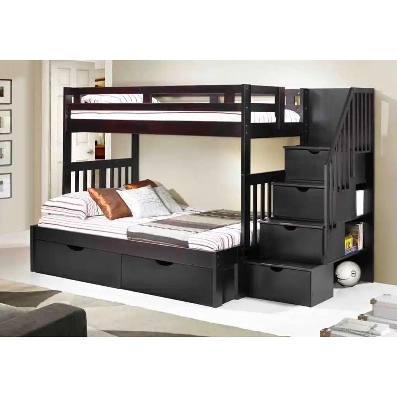 White Twin Over Full Bunk Bed with Staircase Storage