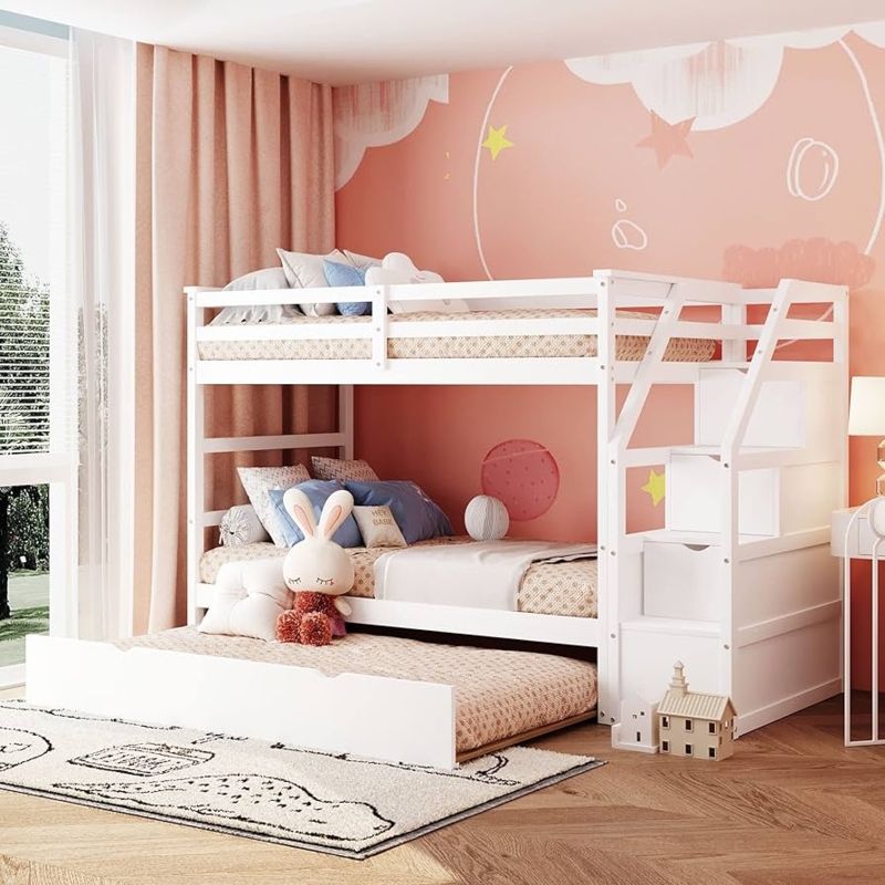 White Twin Over Full Bunk Bed with Storage Stairs and Trundle