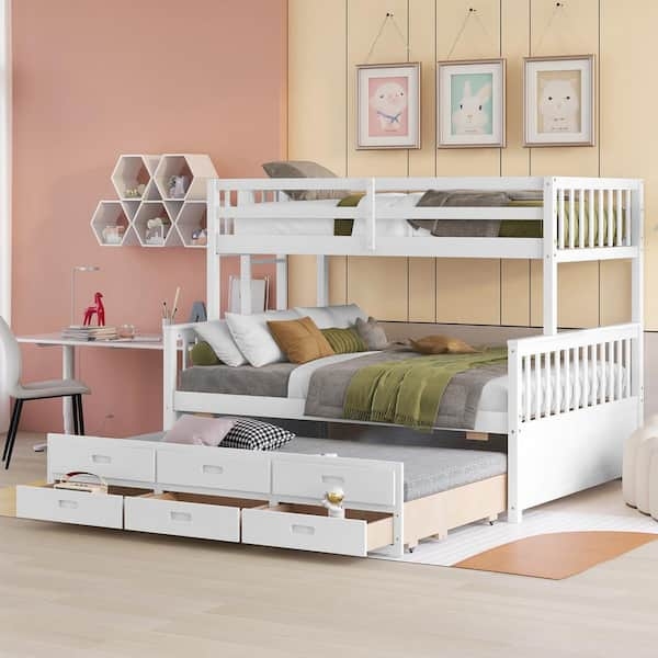 White Twin Over Full Bunk Bed with Trundle and Drawers