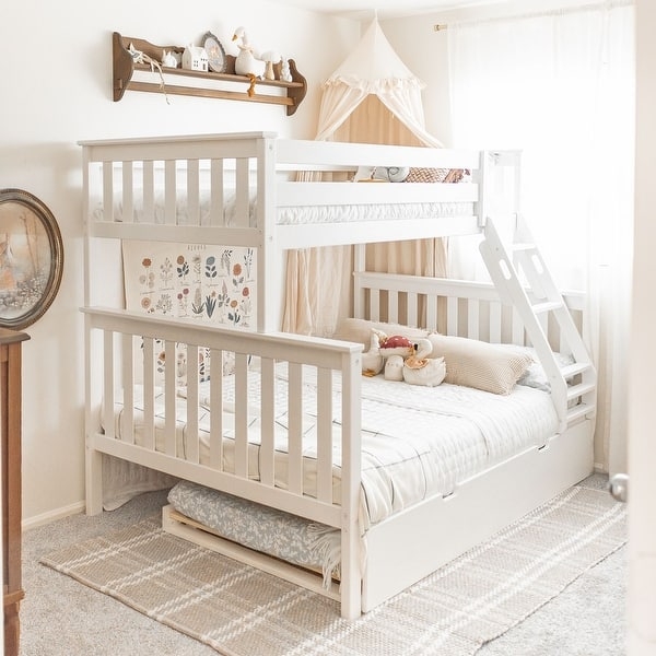 White Twin Over Full Bunk Bed with Trundle, Slatted Layout