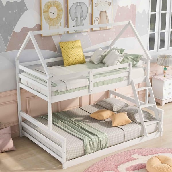 White Twin over Full House Bunk Bed, Scandinavian Style