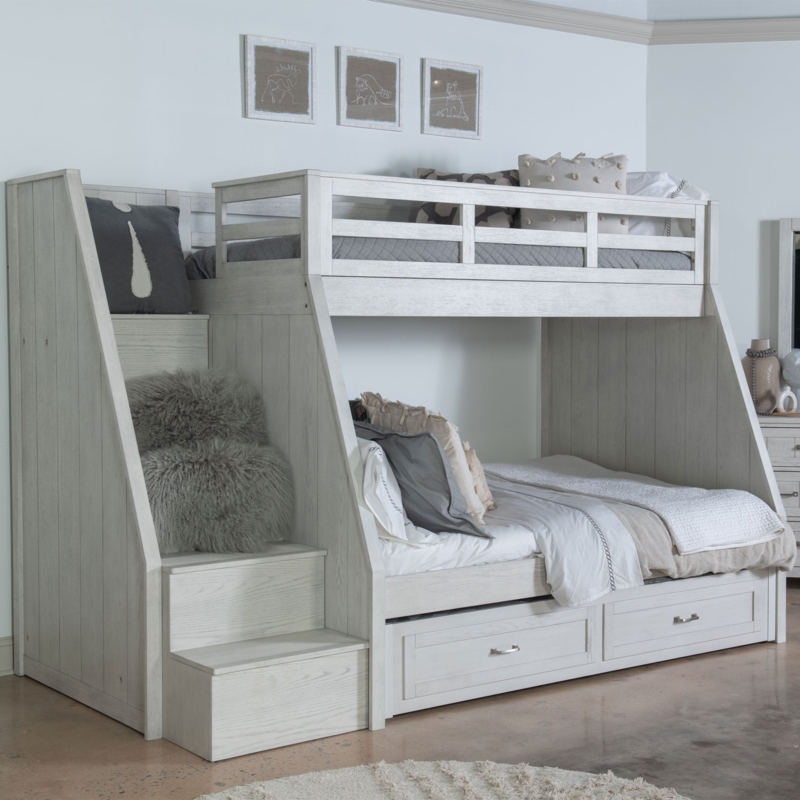 White Twin Over Full Staircase Bunk Bed with Built-In Hutch