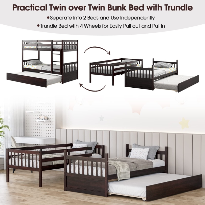 White Wood Bunk Bed with Integrated Ladder and Pull-Out Trundle