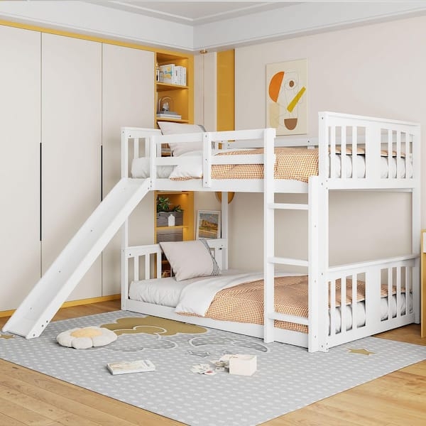 White Wood Frame Bunk Bed with Playful Integrated Slide