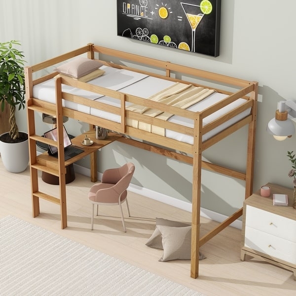 White Wood Loft Bed Frame with High Slatted Guardrails Minimalist