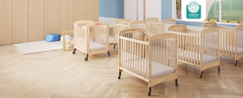 White Wooden Cribs, Locking Casters, Professional Childcare Layout