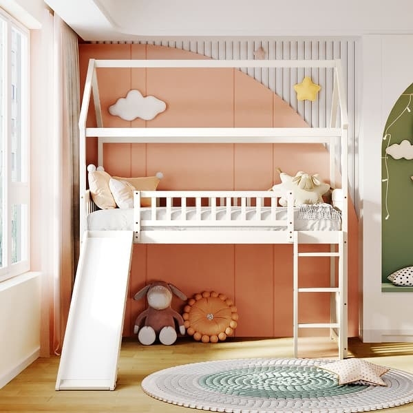White Wooden House Loft Bed with Slide, Gabled Roof Frame & Ladder