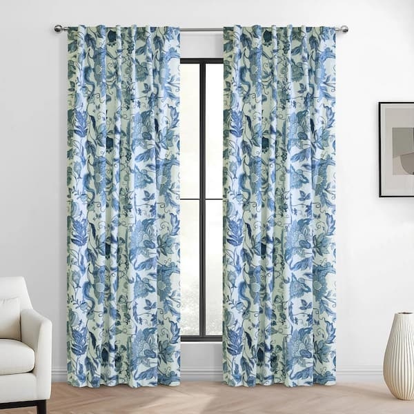 Window Curtain Blue Jacobean Floral Cream Cotton Light Filtering