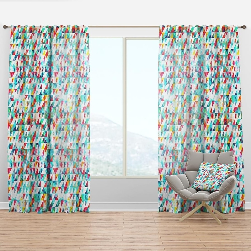 Window Curtain, Triangle Pattern, Grunge Effect, Blue Palette, Rod Pocket