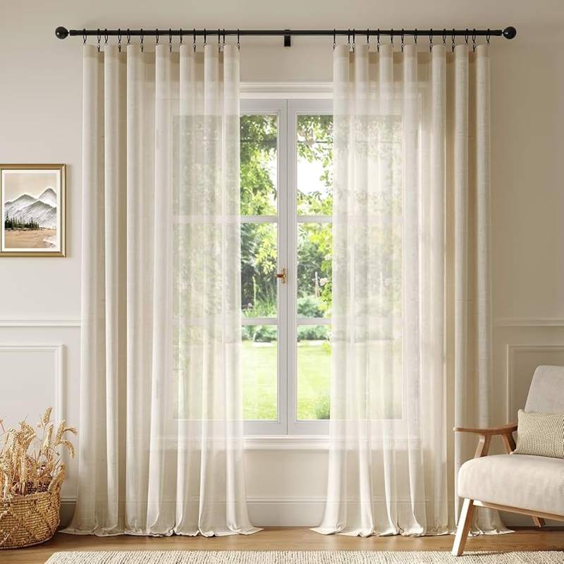Window Curtains Beige Linen Texture Clip On Hardware Semi Sheer Drapes