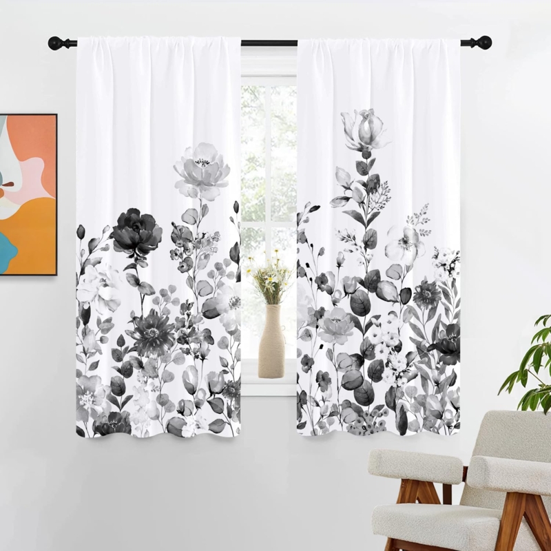 Window Curtains Black Botanical Rod Pocket with Watercolor Aesthetic