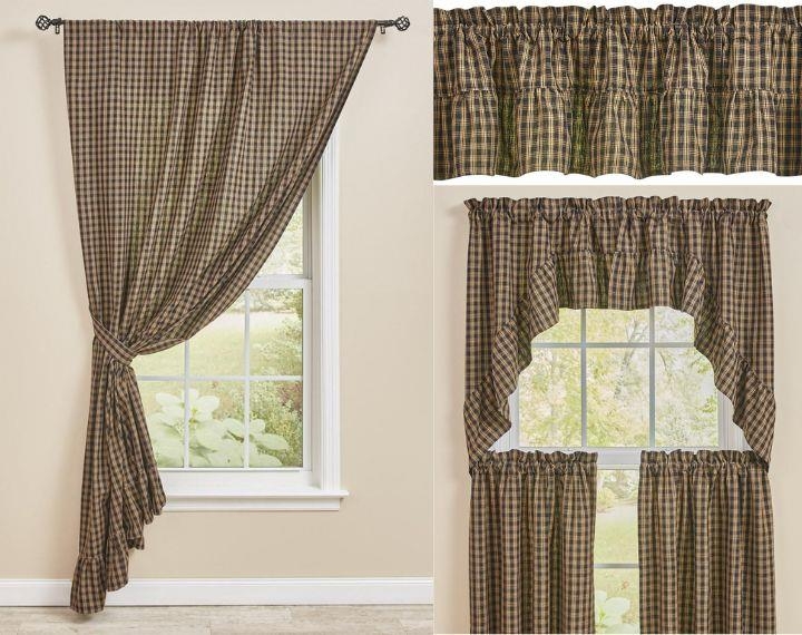 Window Curtains Black Cream Plaid Tiered Set with Valance Farmhouse