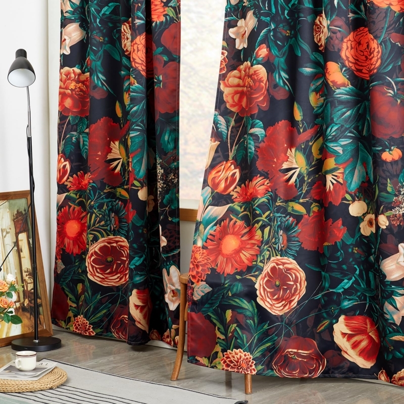 Window Curtains Blackout Grommet Top with Vibrant Night Garden Motif