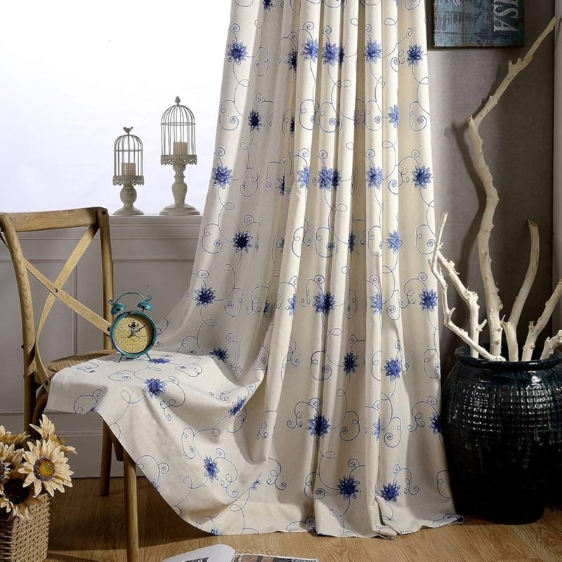 Window Curtains Blue Vine Embroidery Grommet Top Botanical Pattern