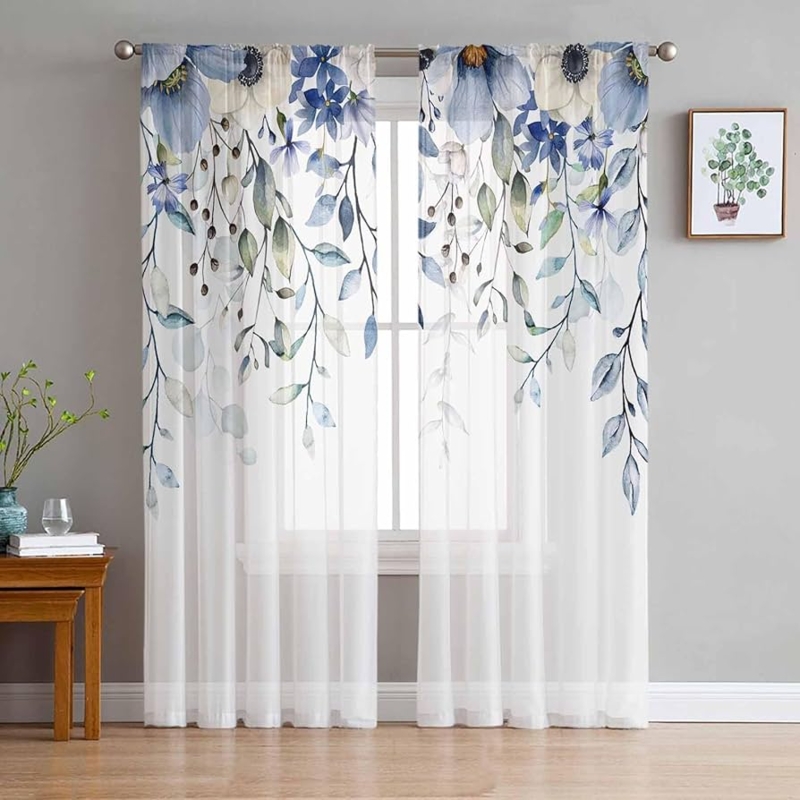 Window Curtains Blue Wildflower Print Sheer Voile Cottagecore