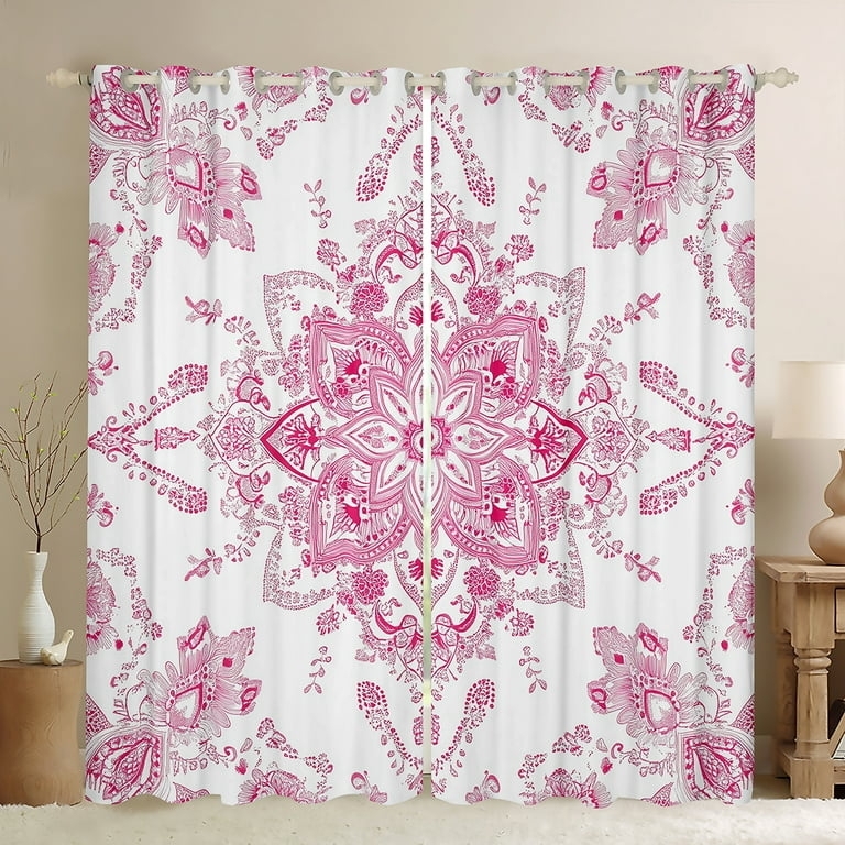 Window Curtains: Bohemian Pink & Teal Large Floral Print, Grommet Top