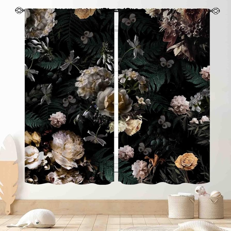 Window Curtains Boho Chic Rod Pocket with Black Backdrop Florals