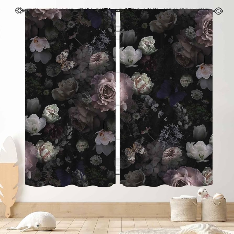 Window Curtains Boho Chic Rod Pocket with Peony Rose Print