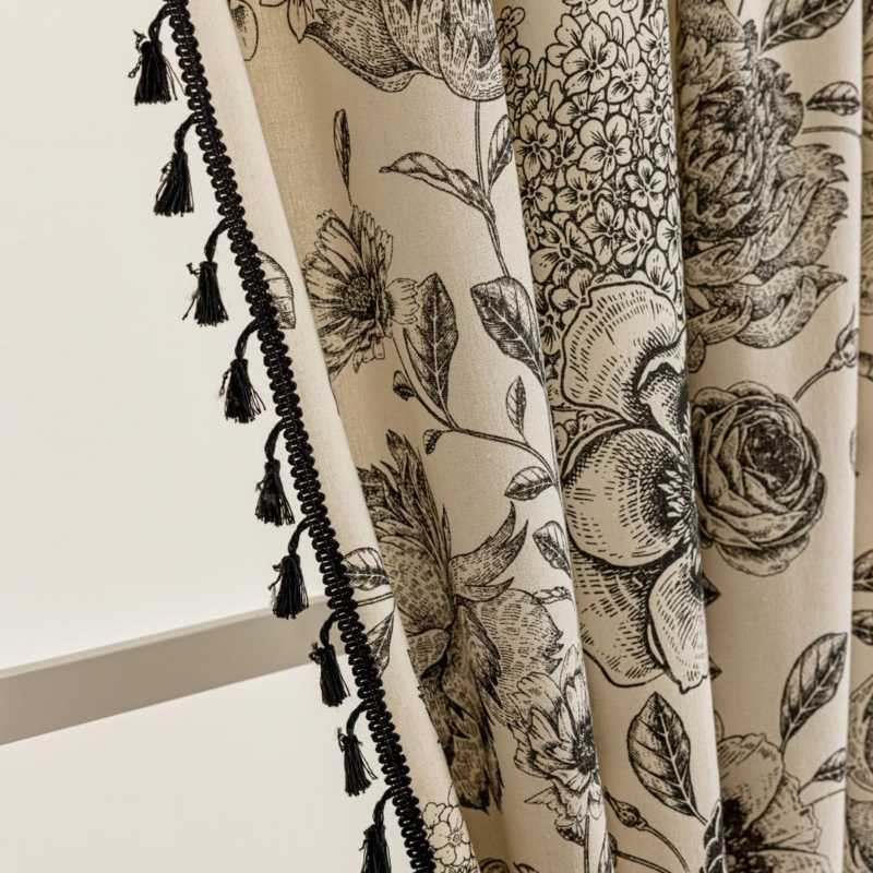 Window Curtains Boho Farmhouse Tassel Trim Linen Like Rod Pocket