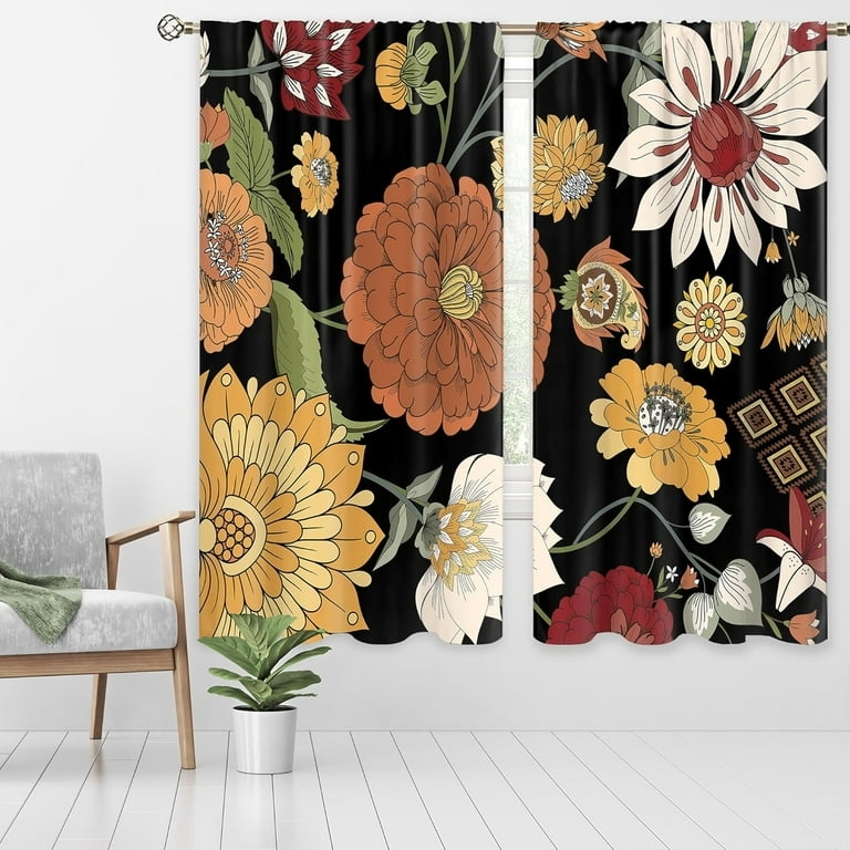 Window Curtains Boho Mid Century Rod Pocket Bold Botanical Silhouette