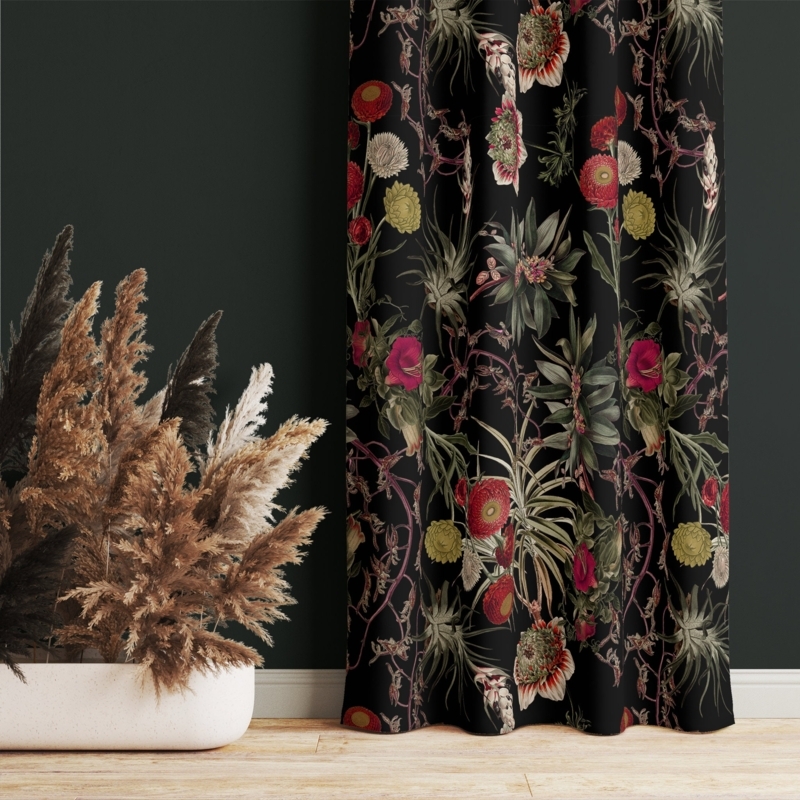 Window Curtains Bold Red Floral Black Floor Length Oversized Motif