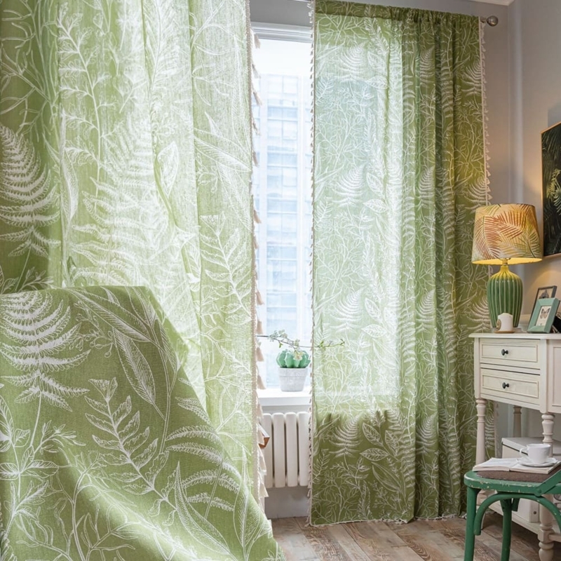 Window Curtains Botanical Leaf Pattern Linen Texture Unlined Grommet
