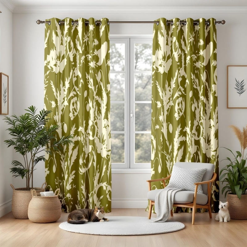 Window Curtains Botanical Silhouette Pattern Olive Green Woven Modern