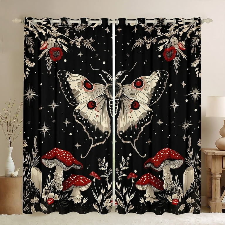 Window Curtains: Gothic Moth & Celestial Print, Dark Green Nature