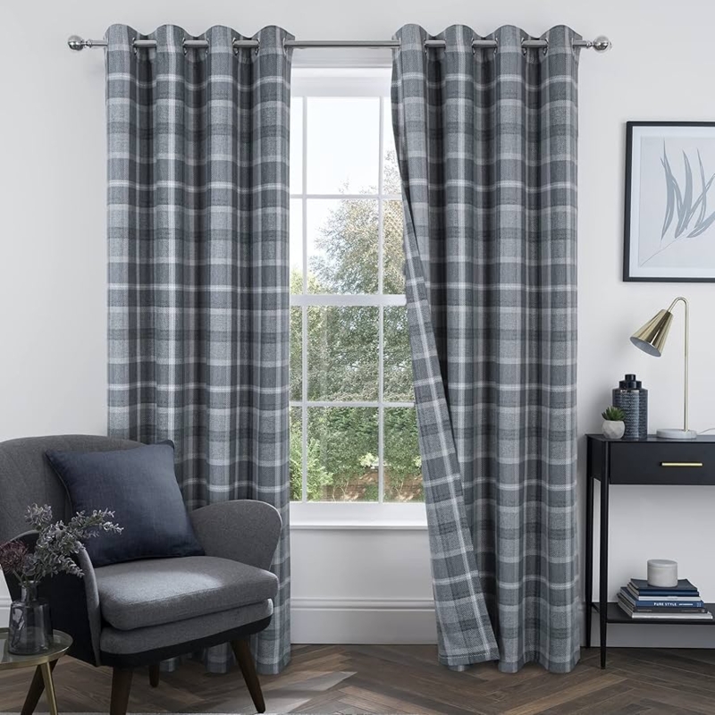 Window Curtains Grey Plaid Pattern Grommet Tartan Farmhouse