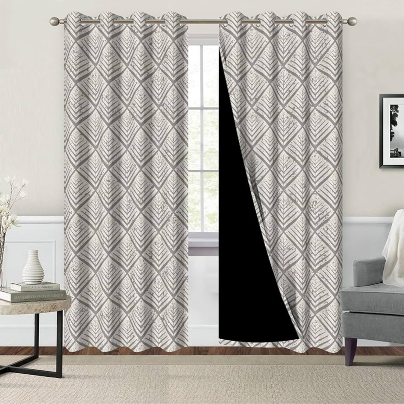 Window Curtains, Grey Trellis Pattern, Grommet Top, Floor Length, Modern Drapes