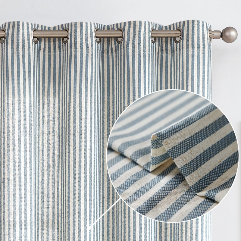 Window Curtains Grommet Ticking Stripe Blue Farmhouse Style