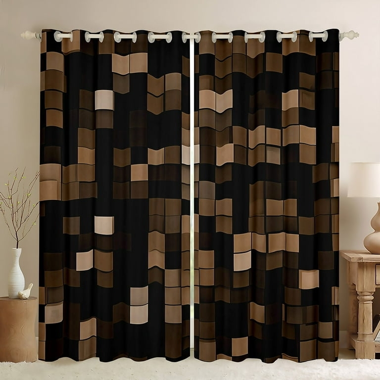 Window Curtains, Honeycomb Geometric Pattern, Brown Blackout, Grommet Top