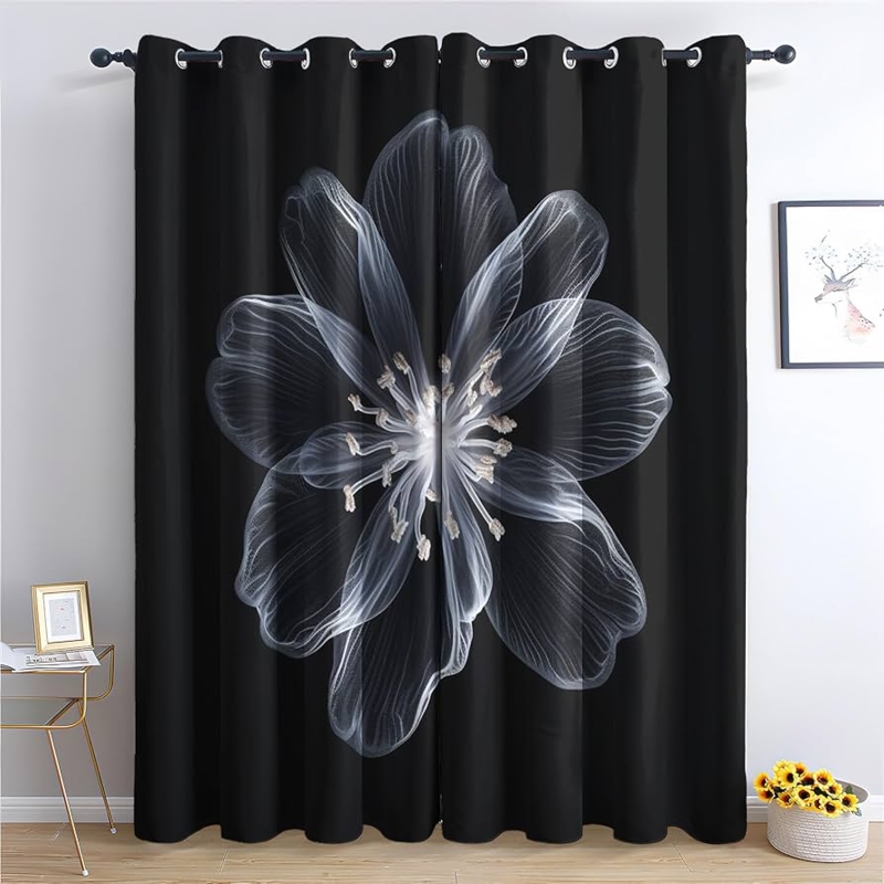 Window Curtains Modern Black and White Grommet Top Ink Drawing Aesthetic