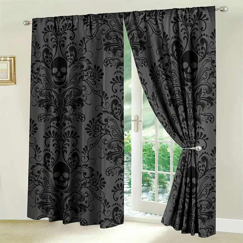 Window Curtains: Moody Victorian Baroque Print, Rod Pocket Set