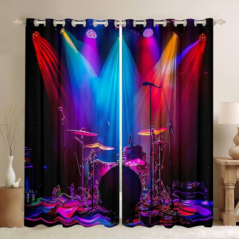Window Curtains: Neon Drum Kit Graphic, Modern Music Themed Black Set