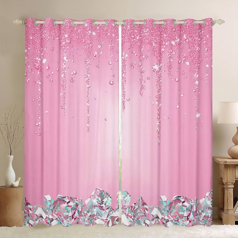 Window Curtains: Pink Glitter Diamond Geometric, Silver Grommet Top Set