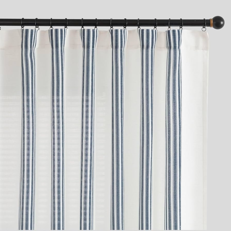 Window Curtains Pinstriped Semi Sheer Linen Blend Coastal