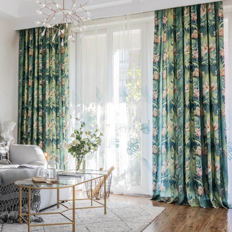 Window Curtains Rainforest Art Painting Green Pink Tropical Lounge Styling